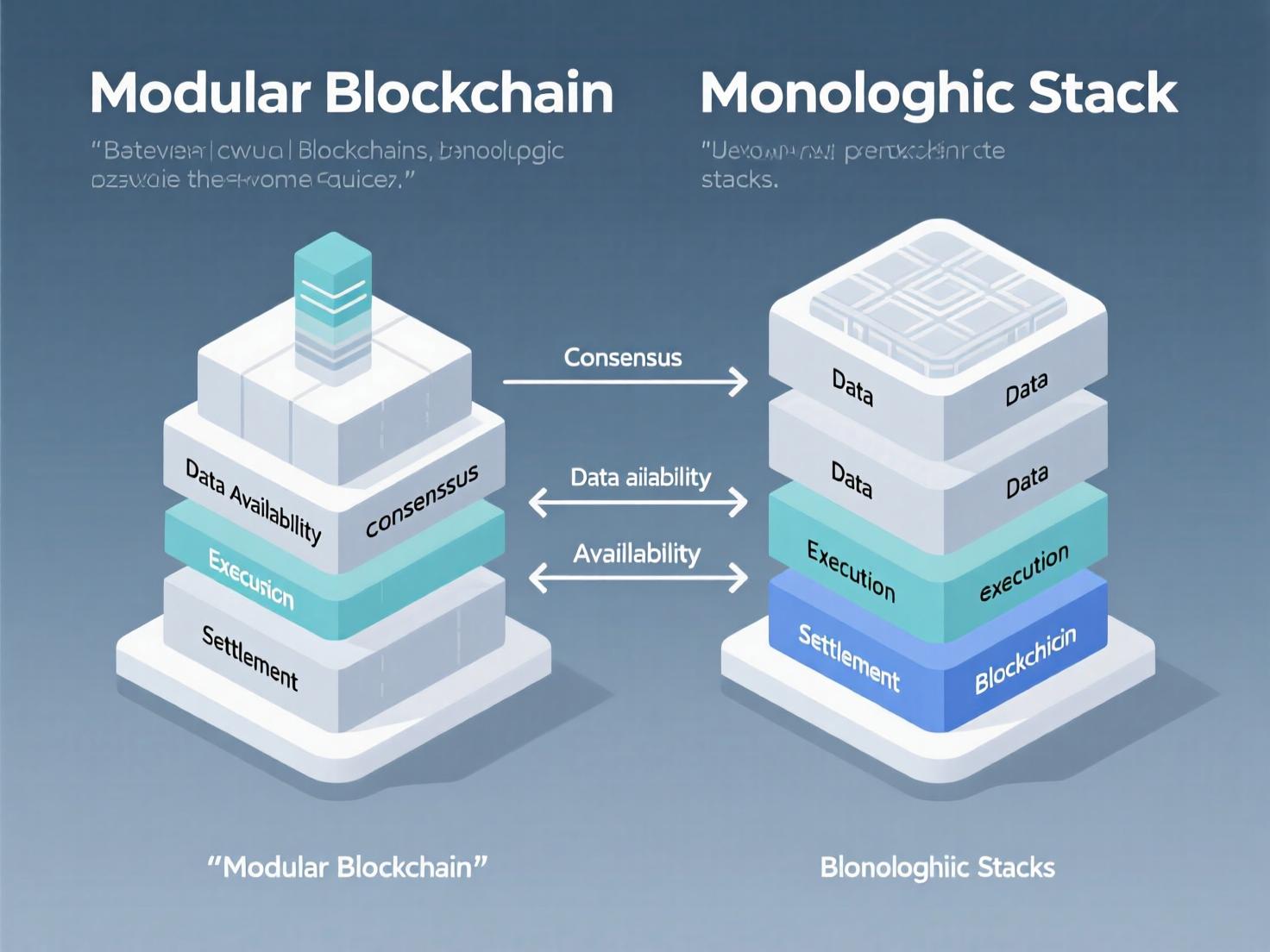 “Diagram comparing monolithic chains to modular blockchains with unbundled layers.”