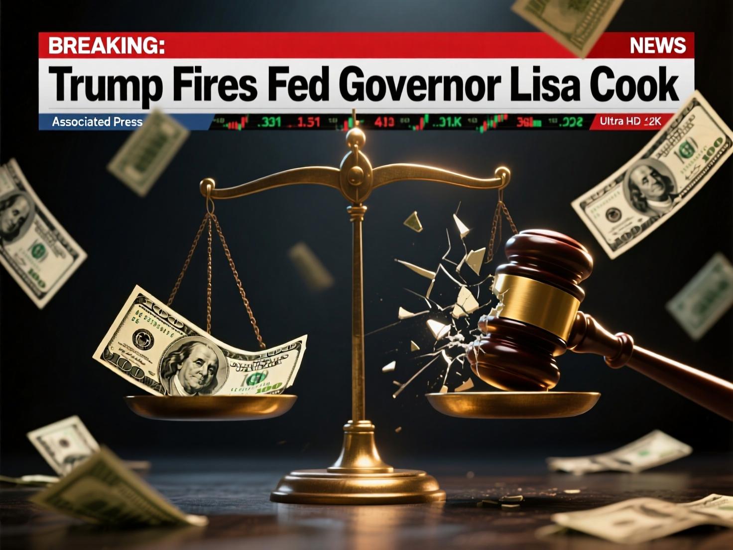 Traders watch DXY screen with headline: dollar steadies after Trump fires Fed Governor Lisa Cook