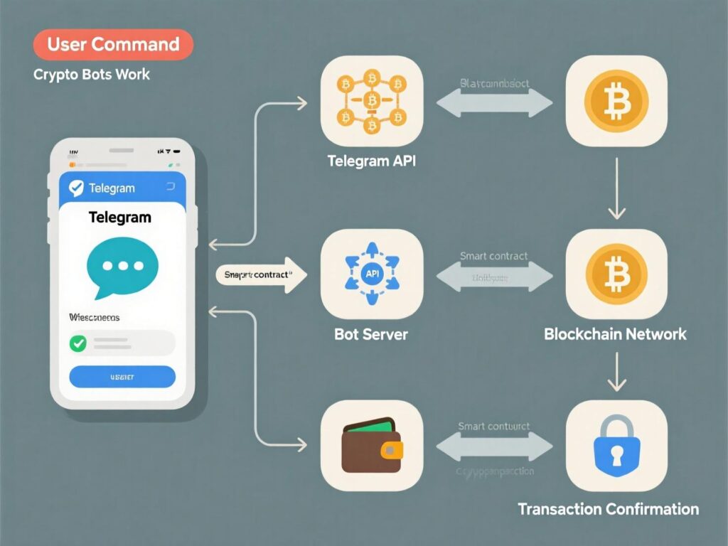 Flow diagram of Telegram crypto bots connecting chat commands to smart-contract execution.
