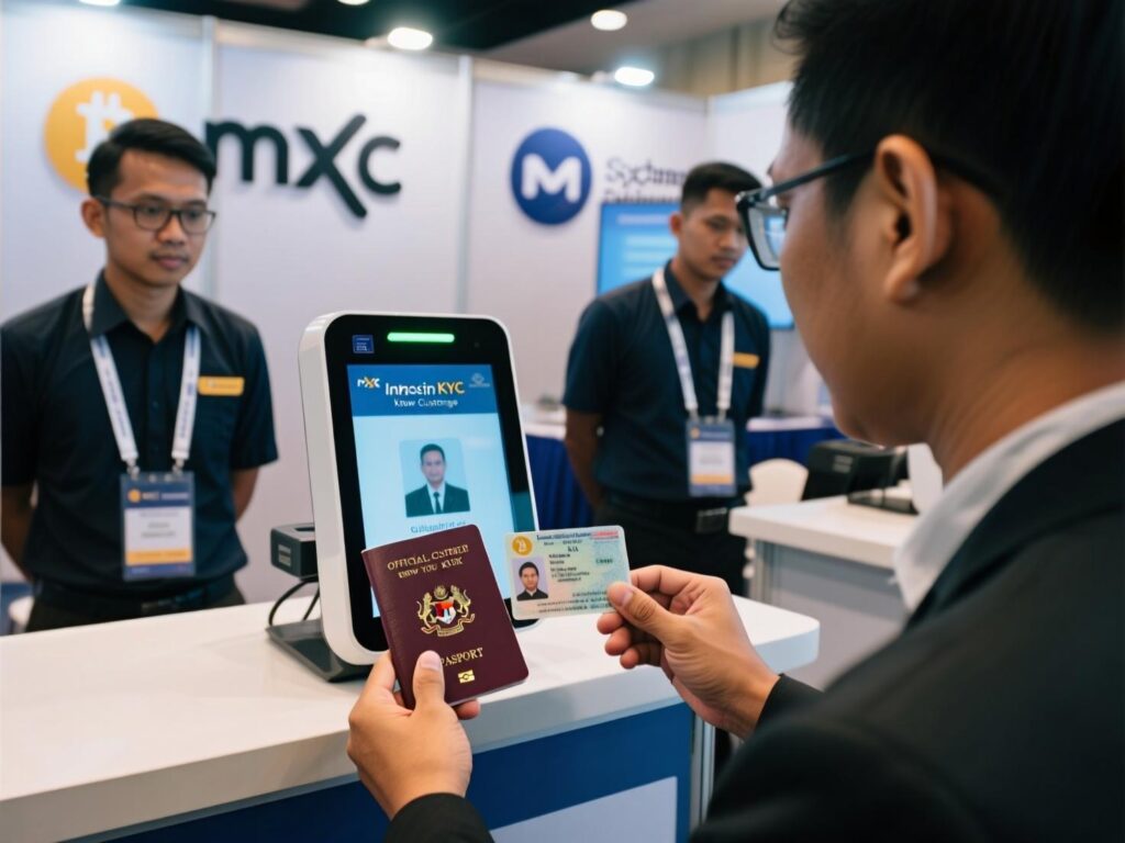 Illustration of traveler passport check tied to MEXC in-person KYC request