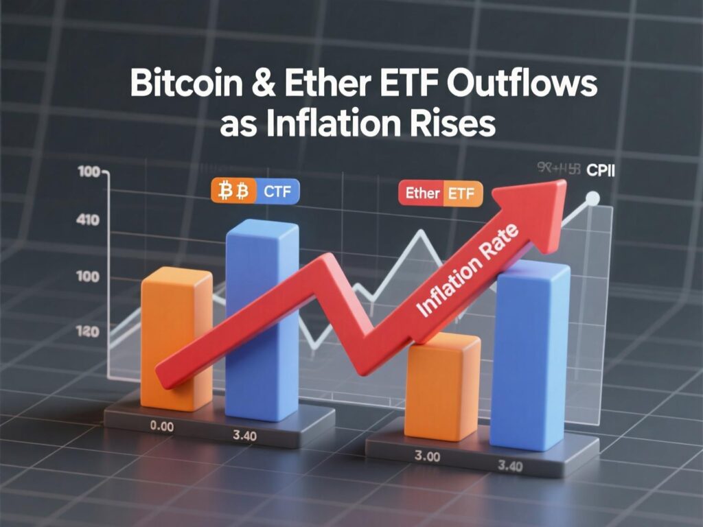 Macro dashboard contextualizing Bitcoin and Ether ETF outflows as inflation rises