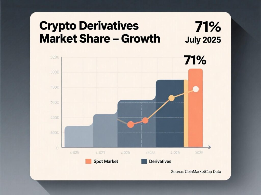 Column chart of July 2025 derivatives volume ~$6.5T and ~71% share.
