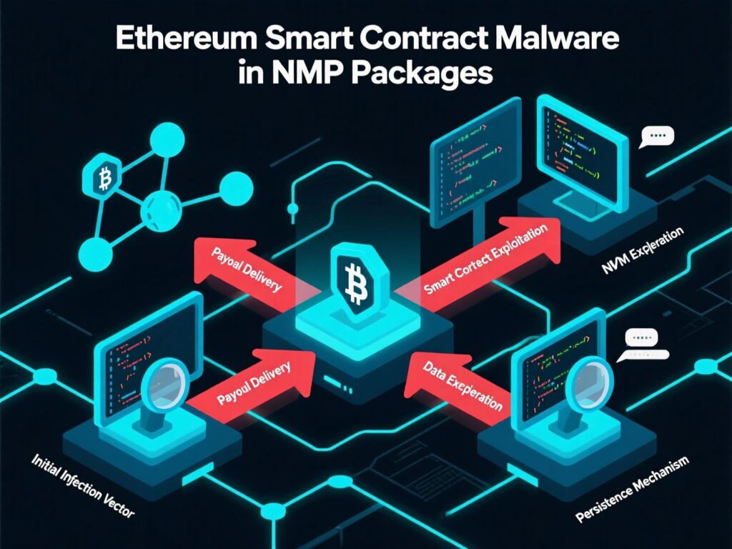 Threat flow of Ethereum smart contract malware in npm packages from install to C2.