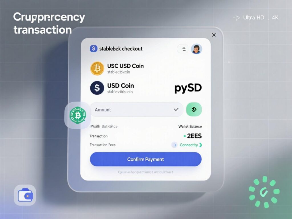 “Stablecoin checkout flow showing USDC/PYUSD payment with instant fiat settlement.