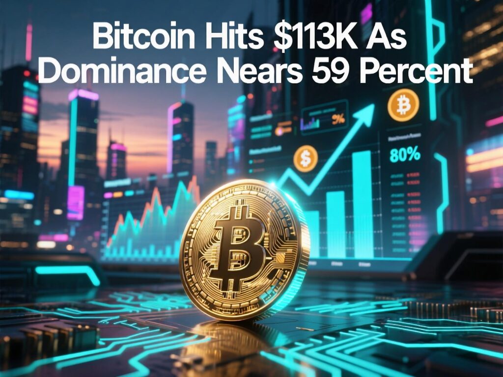 Market board highlights Bitcoin hits $113K as dominance nears 59%