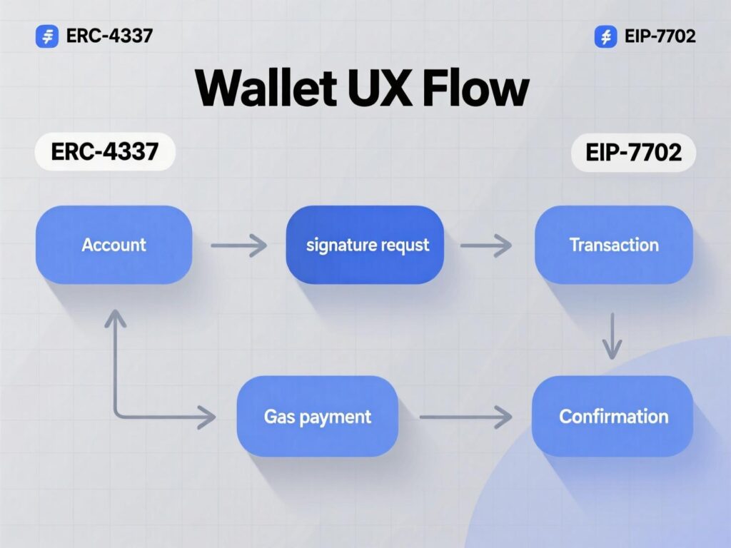 “Flow showing ERC-4337 user operations and EIP-7702 delegation improving wallet UX.”