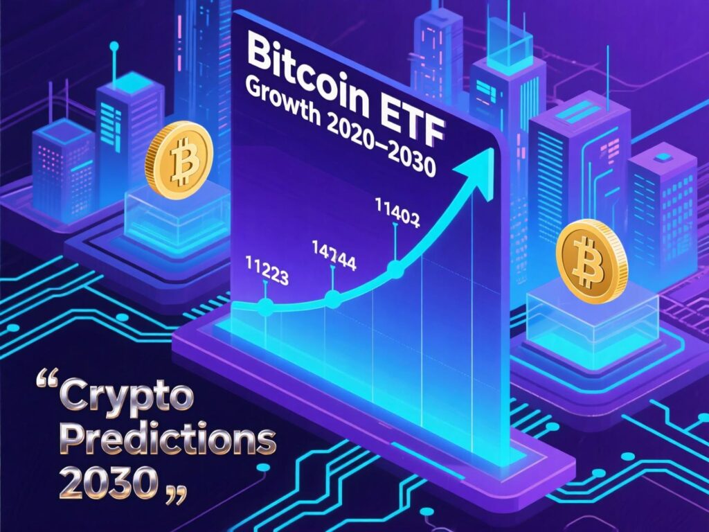 Crypto Predictions for 2030 2 Adoption curve showing Bitcoin ETF growth leading into 2030 within crypto predictions 2030.