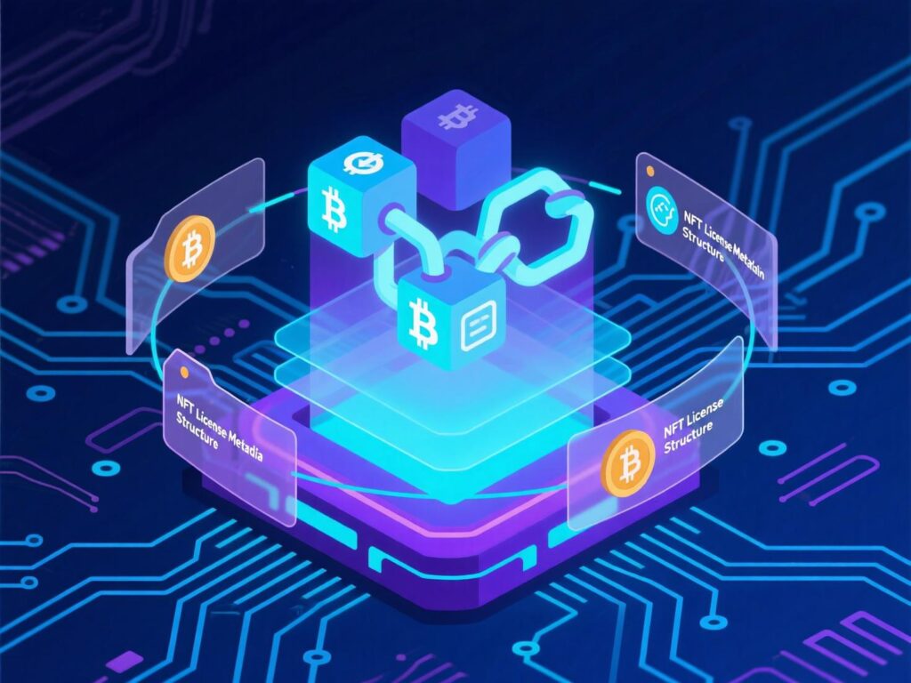 Crypto & AI-Generated Content Rights 3 Example metadata fields showing license URL and hash for an NFT.