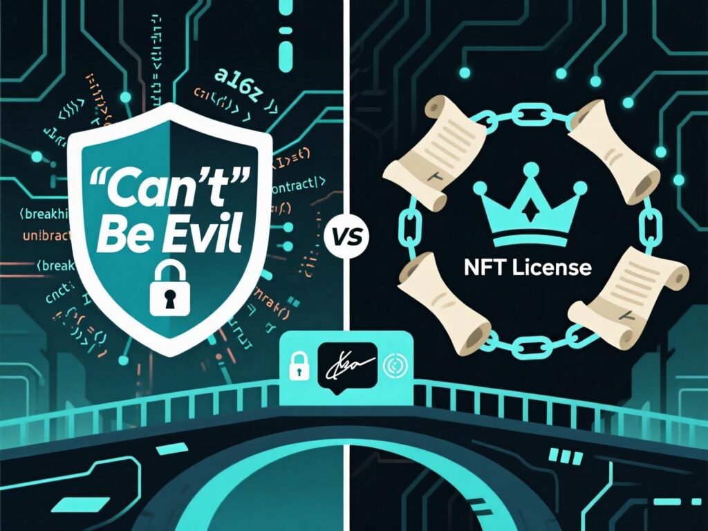Side-by-side comparison of a16z “Can’t Be Evil” and the NFT License scopes.
