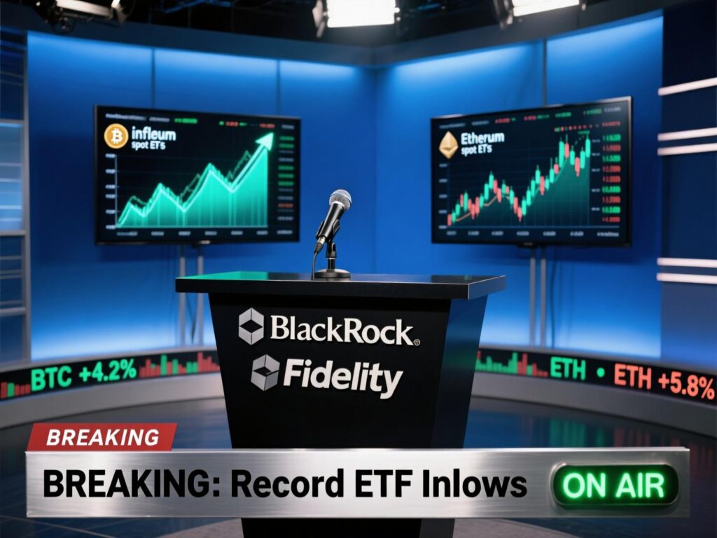 “BlackRock and Fidelity logos illustrating Bitcoin and Ethereum spot ETF inflows leadership.”