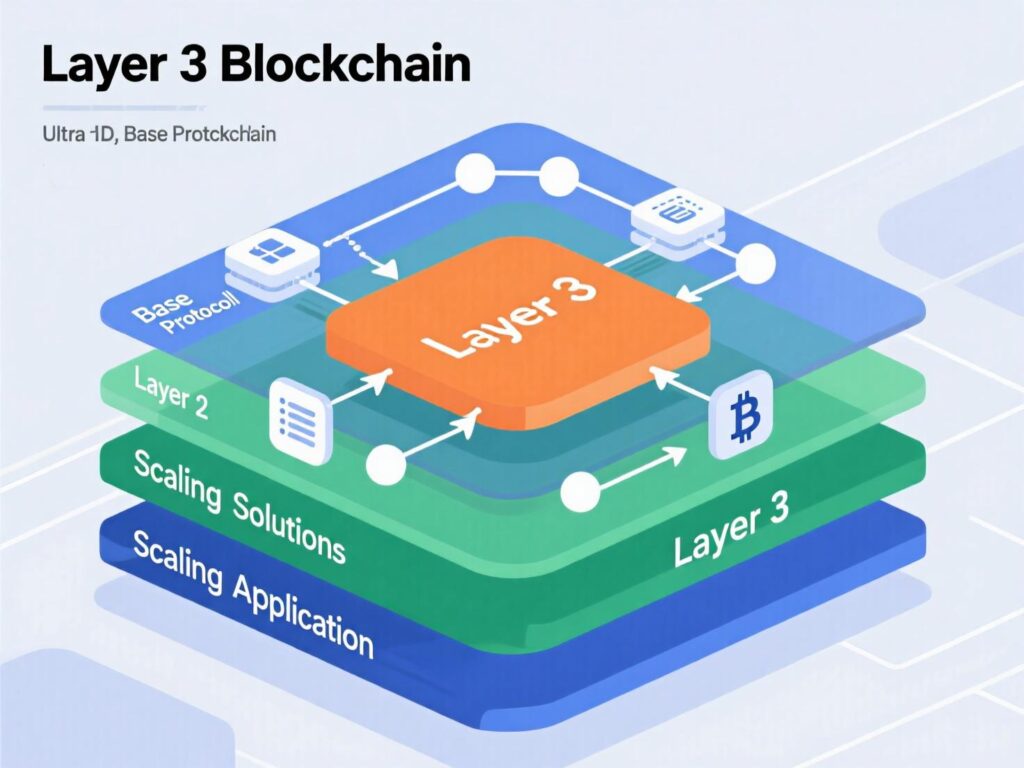 Concept diagram showing L1→L2→Layer 3 blockchain relationships and settlement/DA paths.