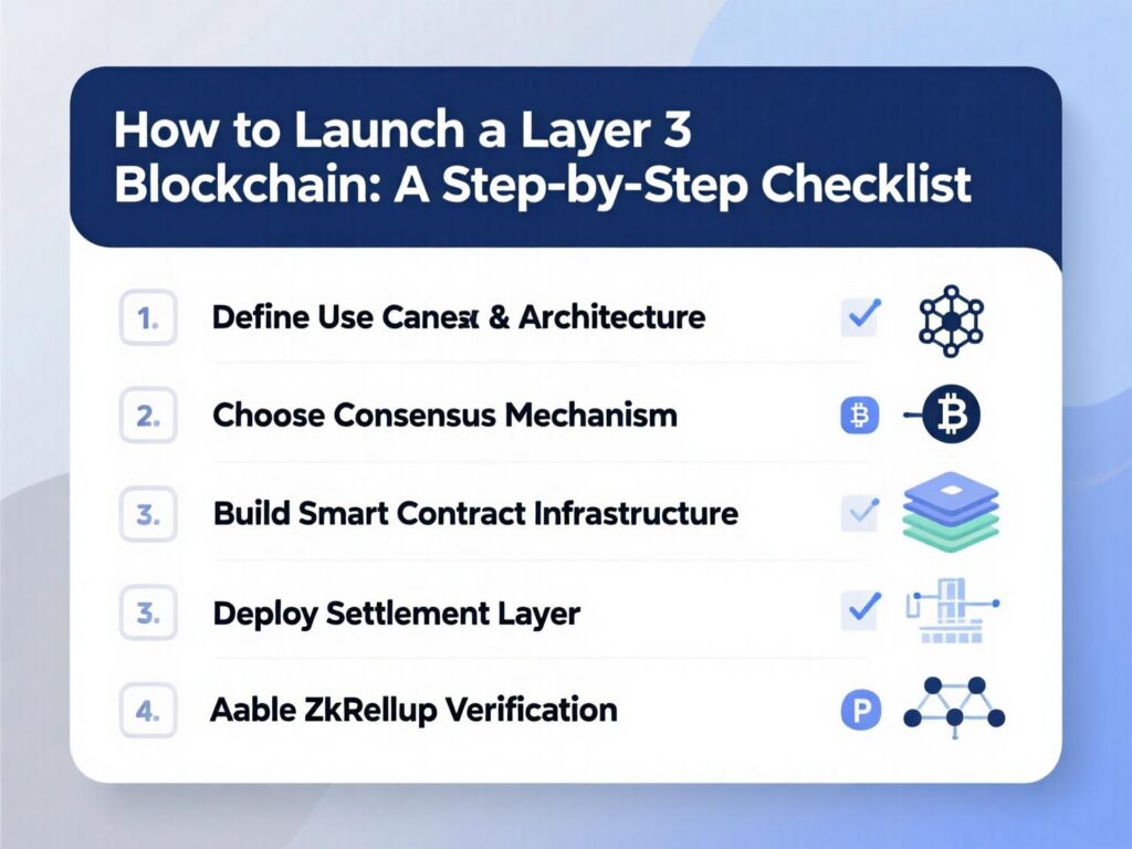 Step-by-step checklist to launch a Layer 3 blockchain (requirements, stack, DA, RaaS, audits).