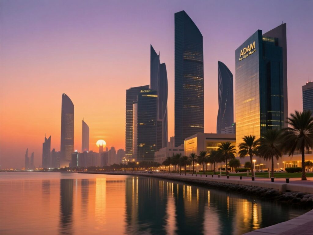 “ADGM district skyline in Abu Dhabi at dusk”