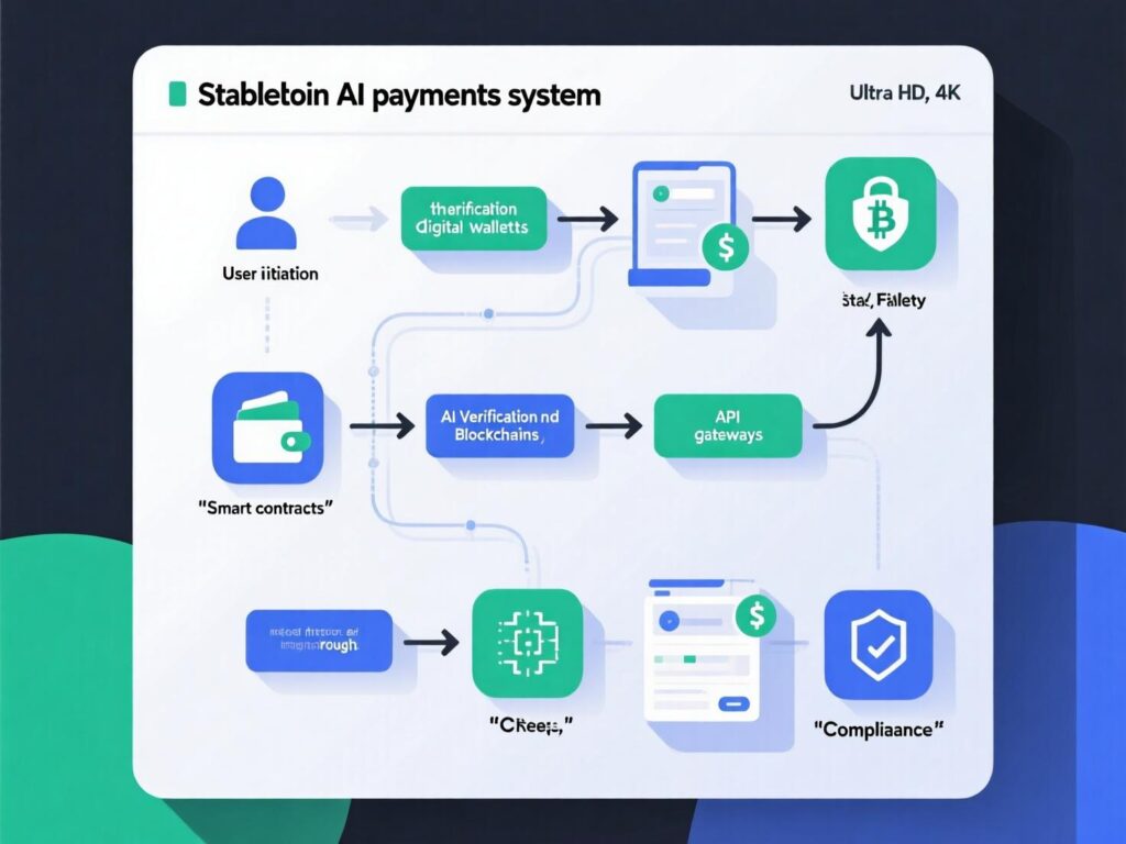 “Stablecoin payment flow for AI agents across APIs and wallets” “Logos of enterprise partners collaborating on AI payments”