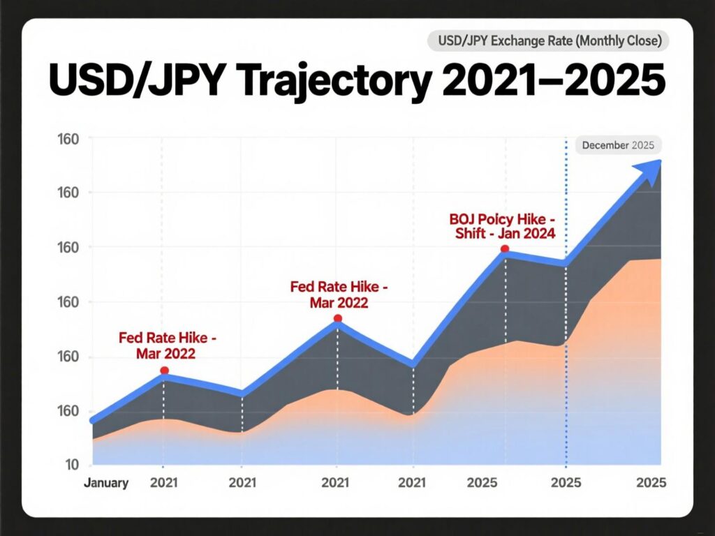 “USD/JPY path from 2021 to 2025 showing long-run yen depreciation”