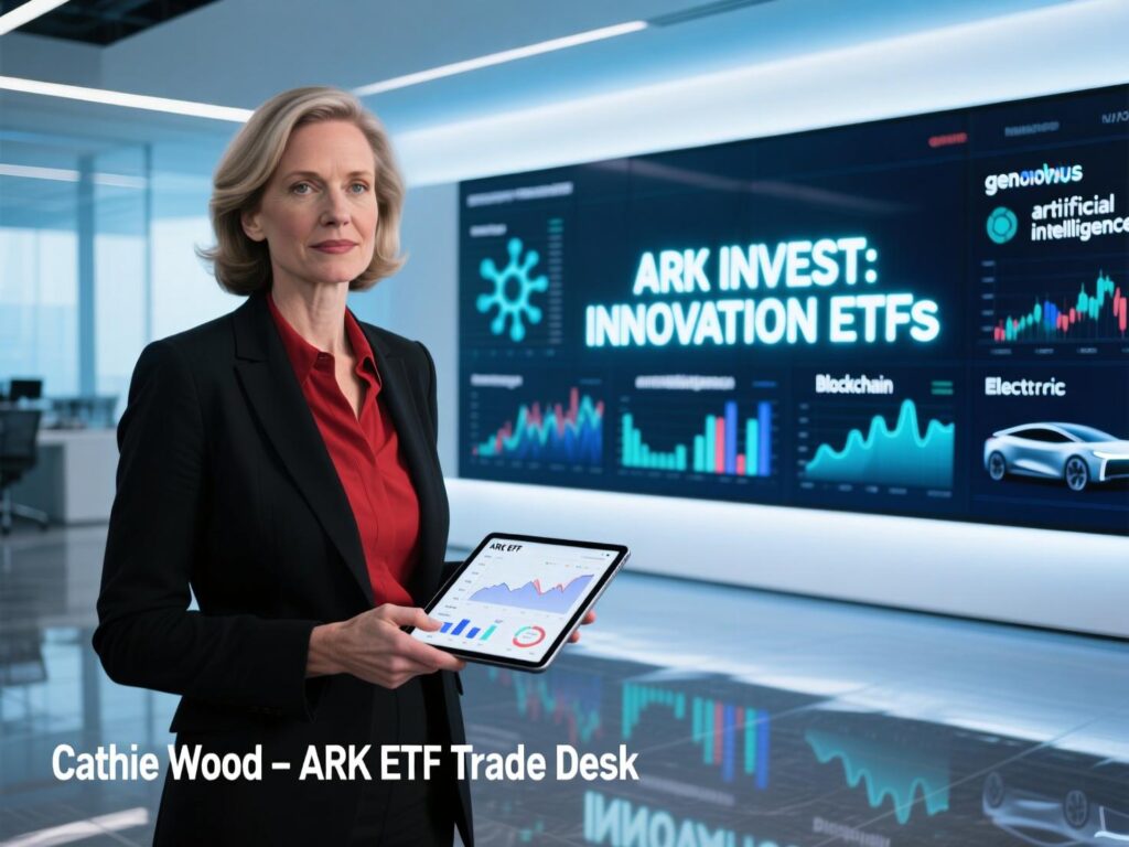 Cathie Wood at ARK Invest trading desk (illustrative)