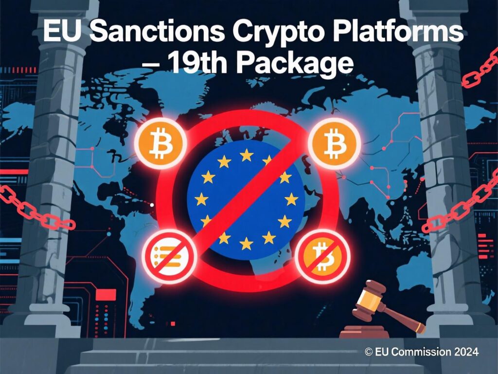 European Union headquarters with sanctions announcement banner