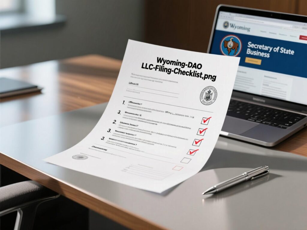 Step-by-step Wyoming DAO LLC filing checklist with smart-contract identifier and registered agent.