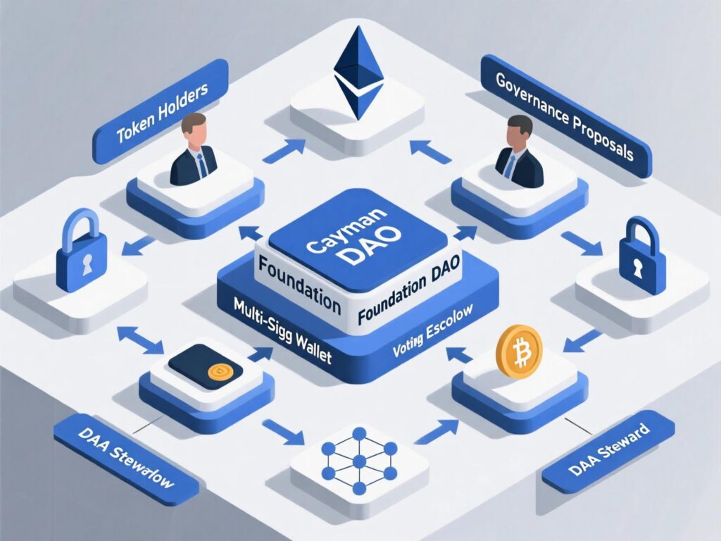 Diagram of a Cayman foundation company wrapping a DAO’s treasury, IP, and grants.