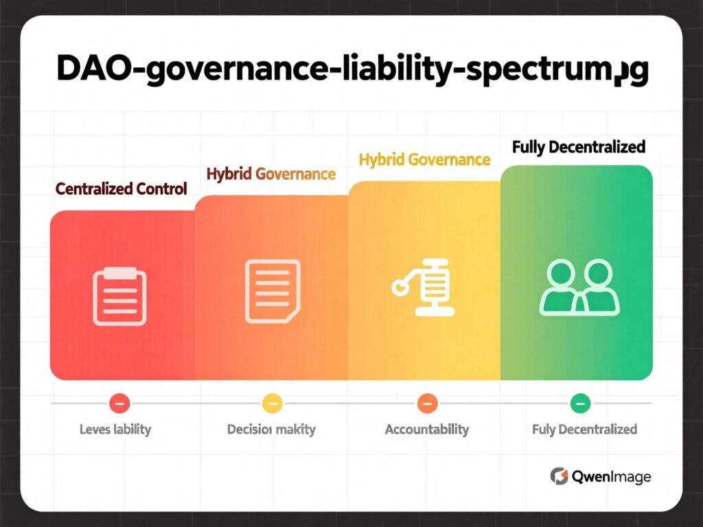 Liability spectrum comparing unwrapped DAOs vs DAO LLC vs foundation structures.
