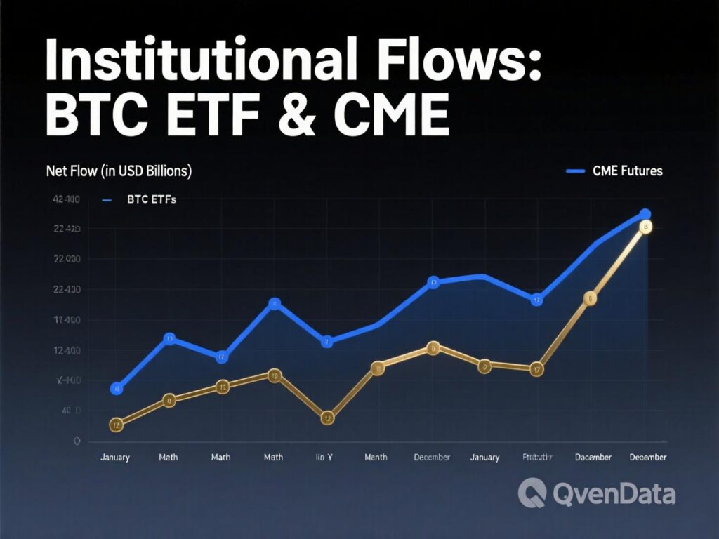 ETF creations/redemptions and CME open interest indicative of institutional flows