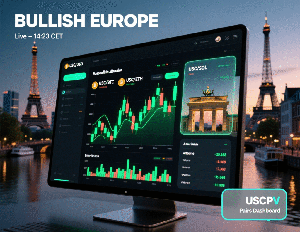 Societe Generale Selects Bullish Europe to Debut Its USD Stablecoin 2 Bullish Europe interface showing USDCV trading pairs
