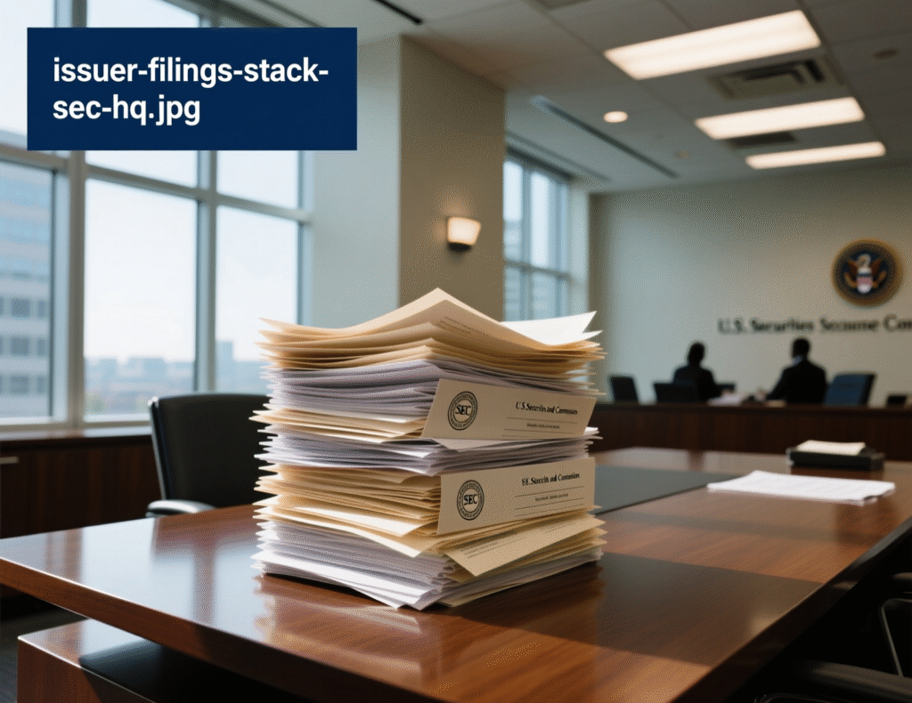 “Stack of ETF filings outside SEC headquarters in Washington” 