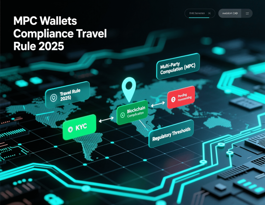 Compliance flow: MPC wallets approvals feeding Travel Rule/KYT checks.”