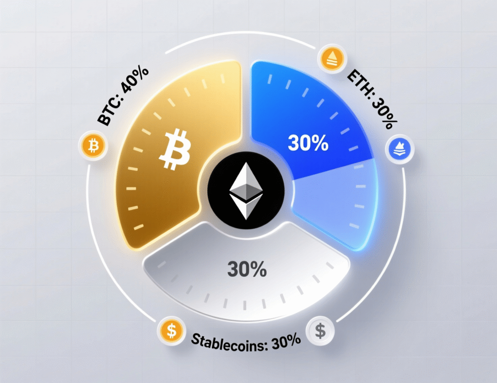 Crypto Portfolio Management Tips 2 “Example crypto allocation split across BTC, ETH, stablecoins, and explore sleeve.”