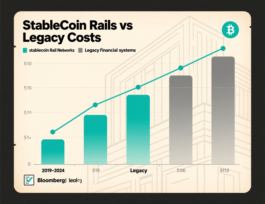 Cross-Border Payments via Stablecoins 2 Bar chart comparing legacy remittance cost vs. stablecoin network fees.