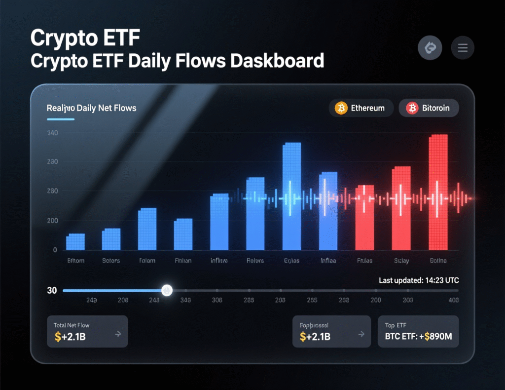 “Composite dashboard of daily crypto ETF flows and volumes”