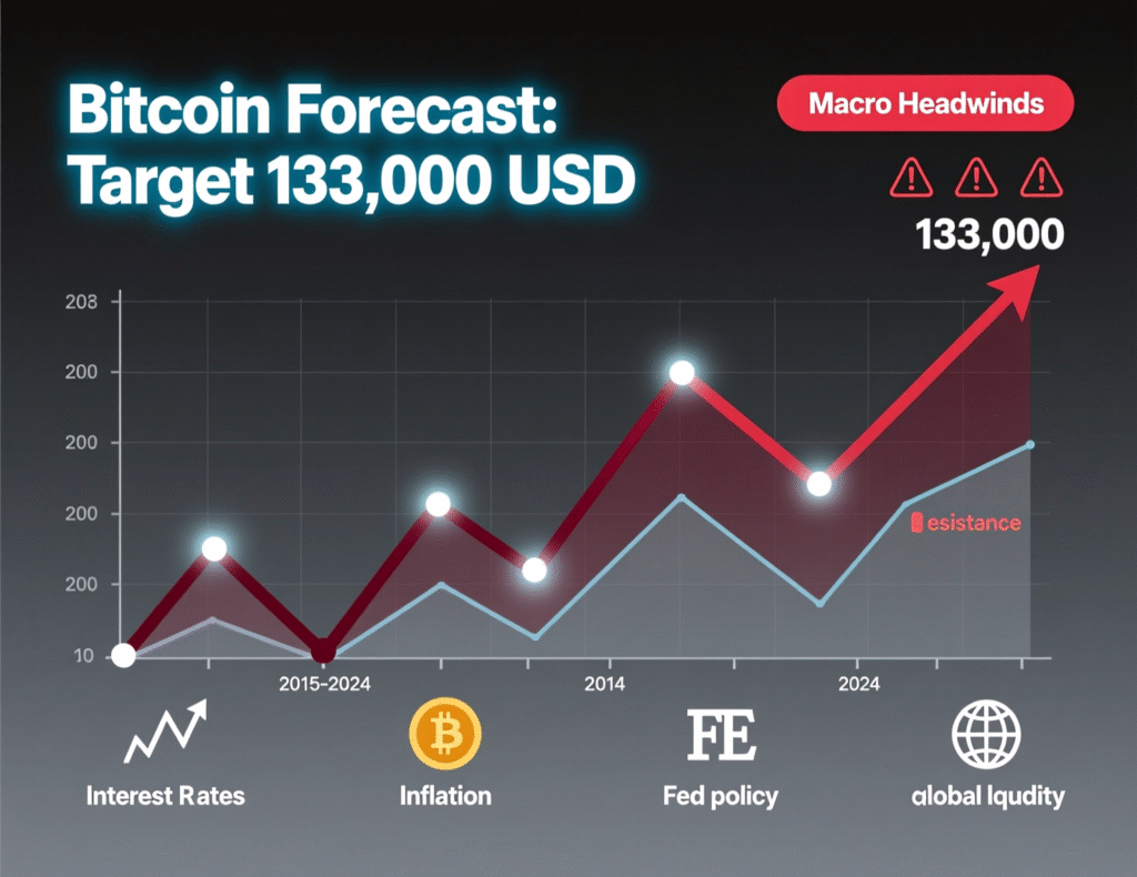 “Bitcoin forecast set at $133,000 with macro headwinds annotated”