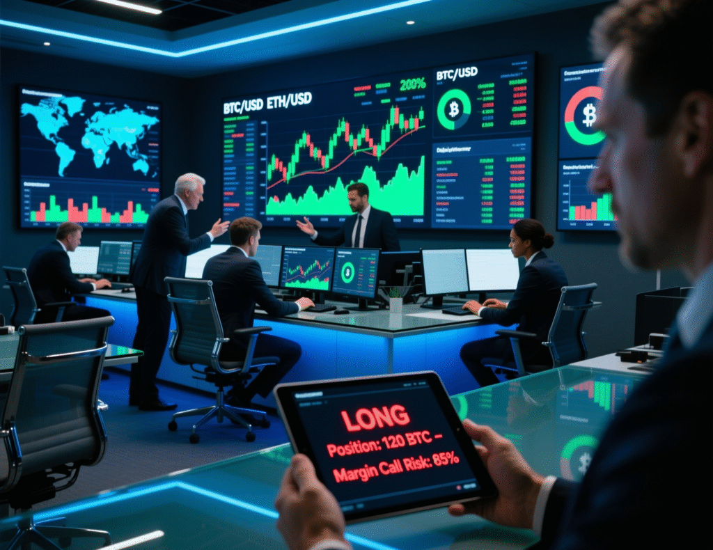 Bitcoin Hits $120K With Traders Eyeing Bullish October Rally 2 Traders watching cryptocurrency derivatives screens in a trading room