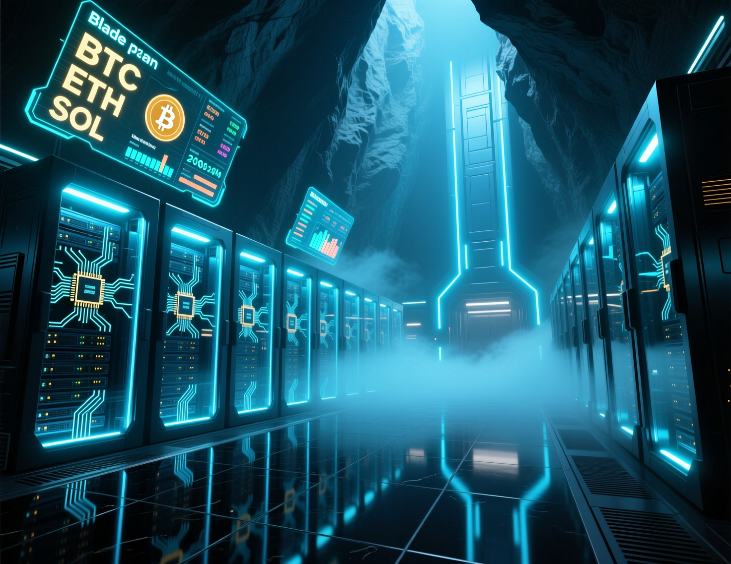 future-of-crypto-mining-featured.webp Data-center aisle with immersion tanks symbolizing the future of crypto mining efficiency.”