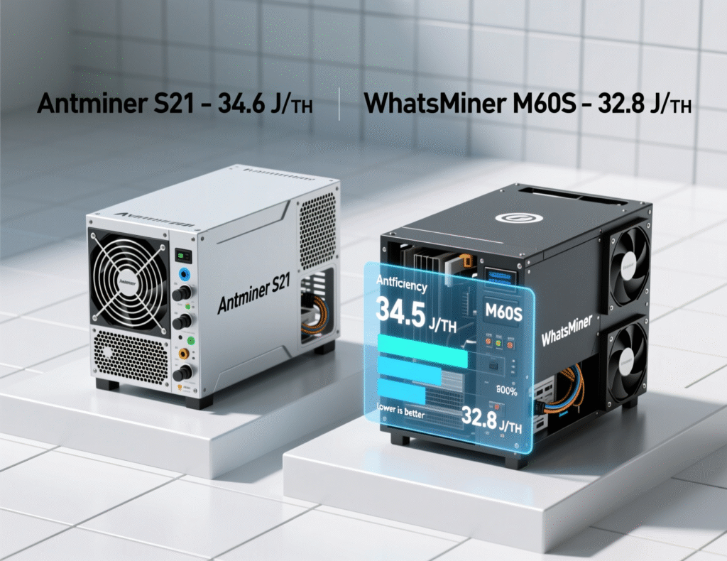 The Future of Crypto Mining 3 “Antminer S21 and WhatsMiner M60S++ efficiency comparison in J/TH.”