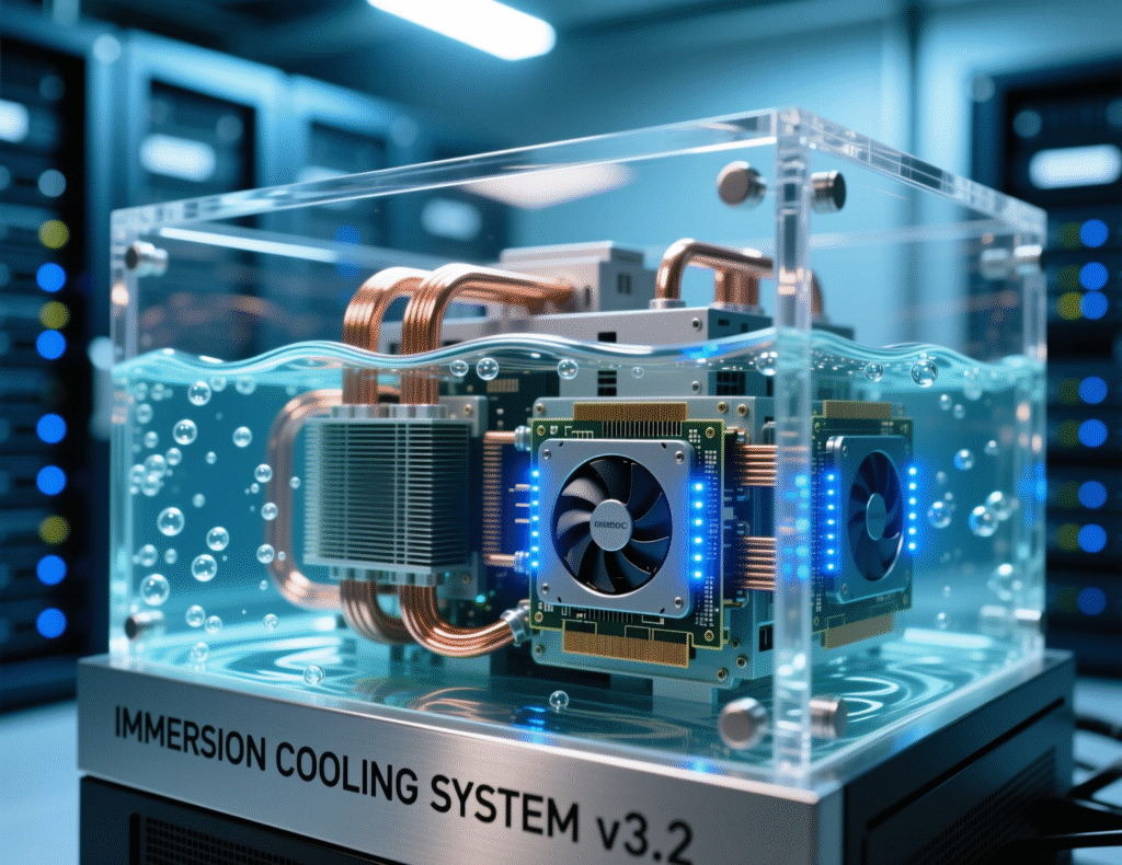 The Future of Crypto Mining 4 “Immersion cooling tank showing ASICs submerged in dielectric fluid.”