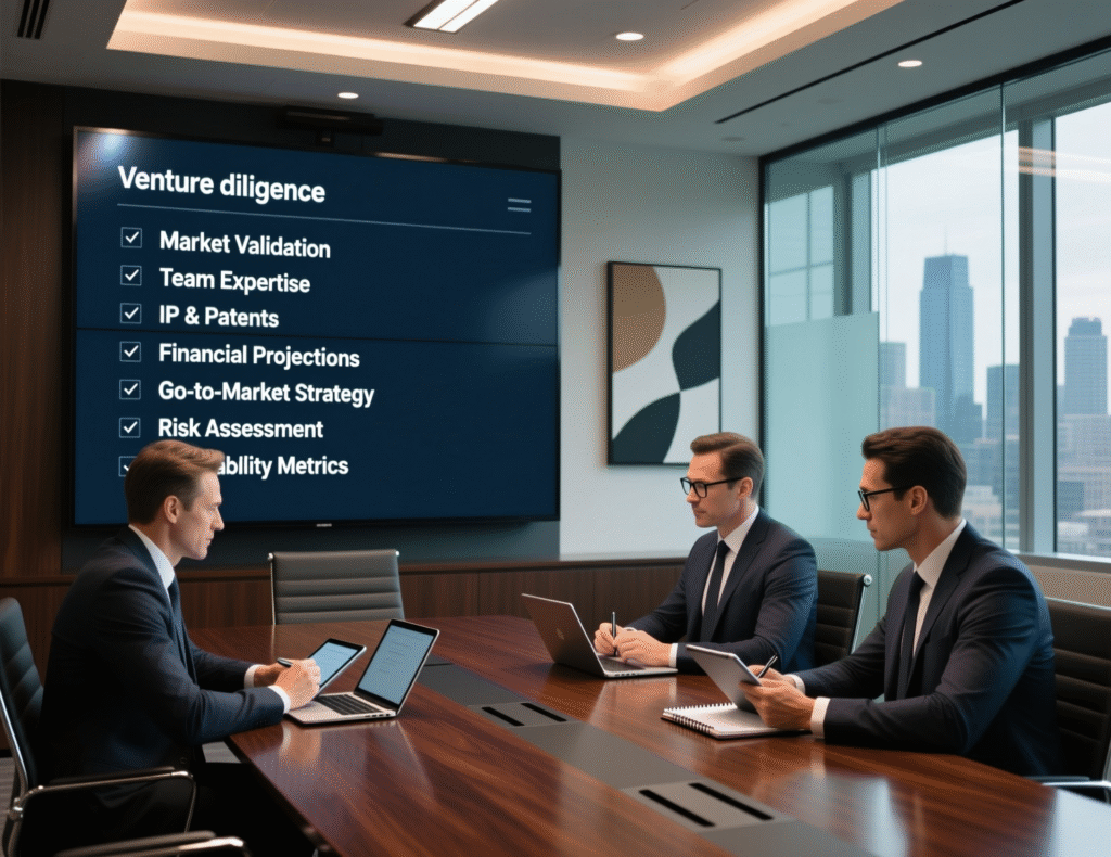 “Investors reviewing a crypto venture diligence checklist in a boardroom”