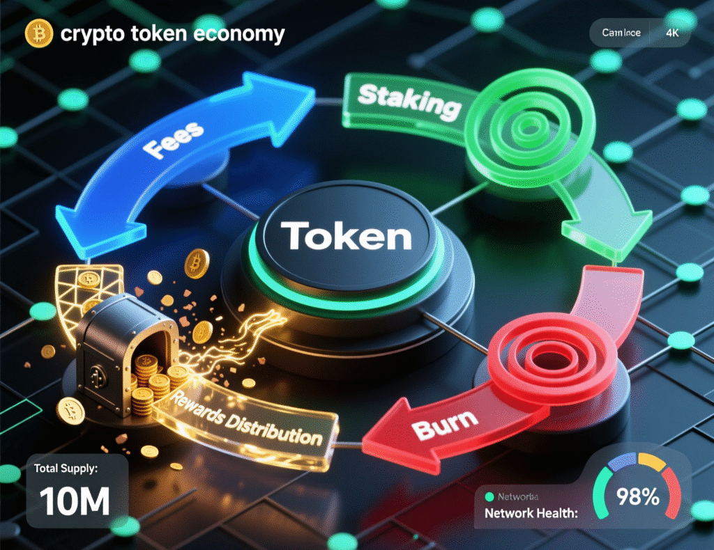 AI + Crypto 4 “Tokenomics flow: emissions, staking, fees, and governance in AI crypto tokens.”