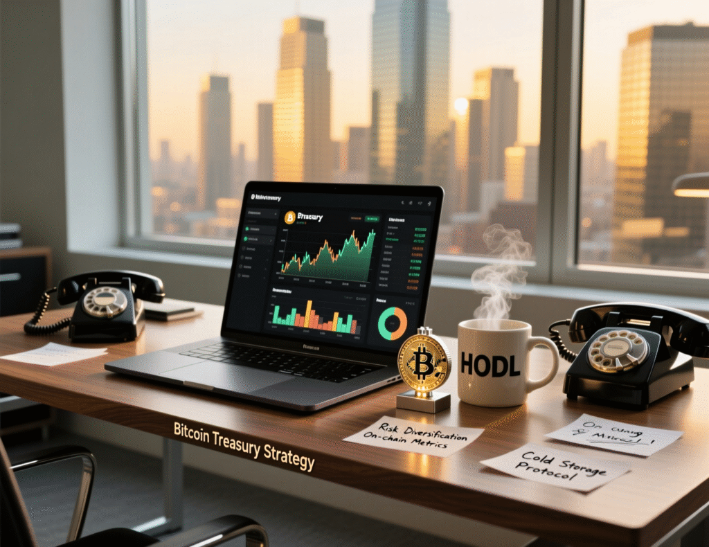 Concept image of Bitcoin treasury planning at a finance desk