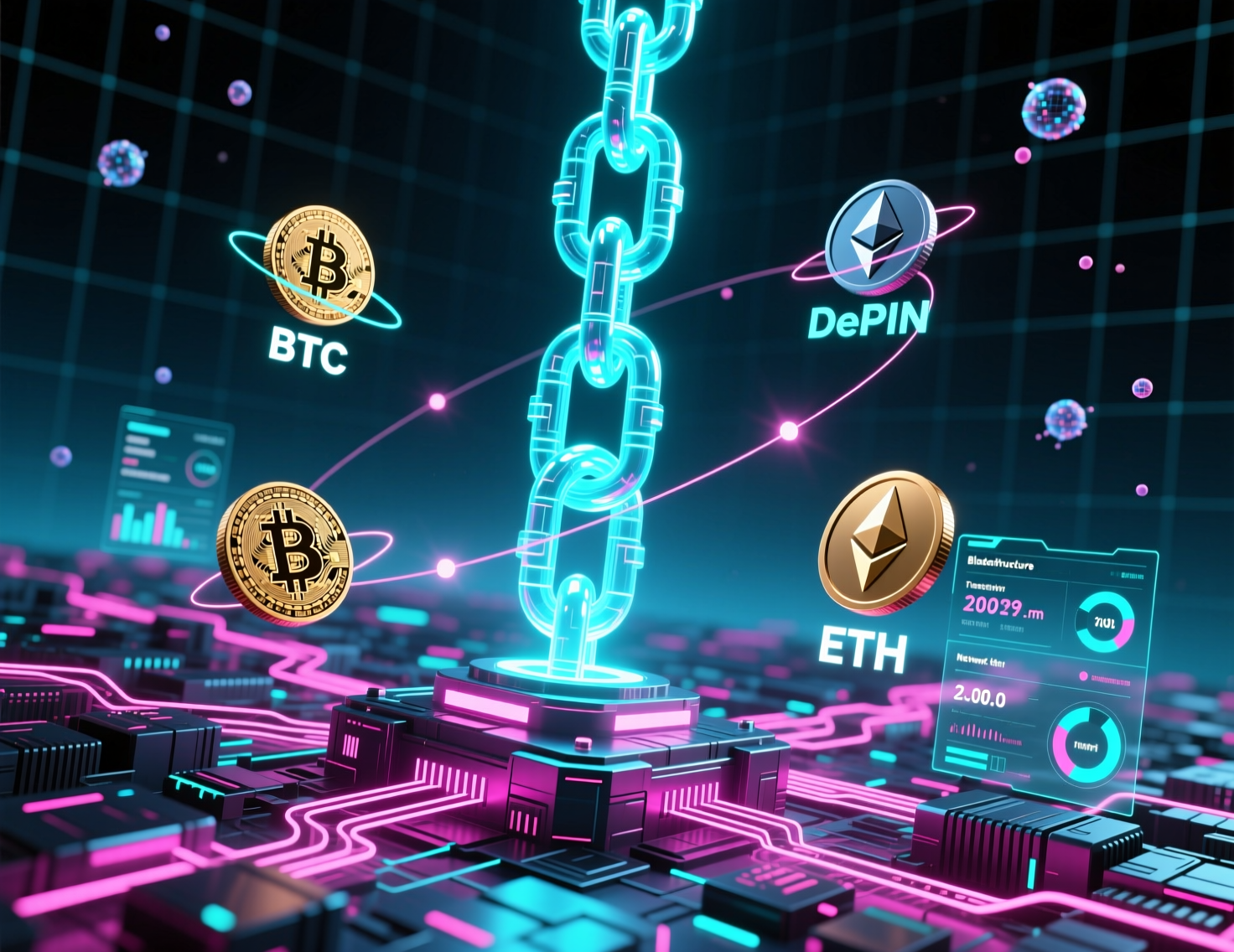 crypto-infrastructure-depin-on-chain.webp Diagram of crypto infrastructure showing DePIN, storage, and on-chain compute layers.