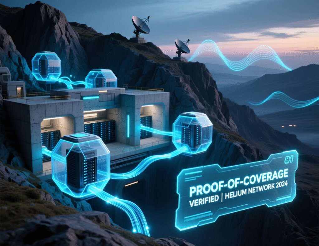 Crypto Infrastructure 2 Helium Proof-of-Coverage concept showing hotspots and witnesses in a city grid.