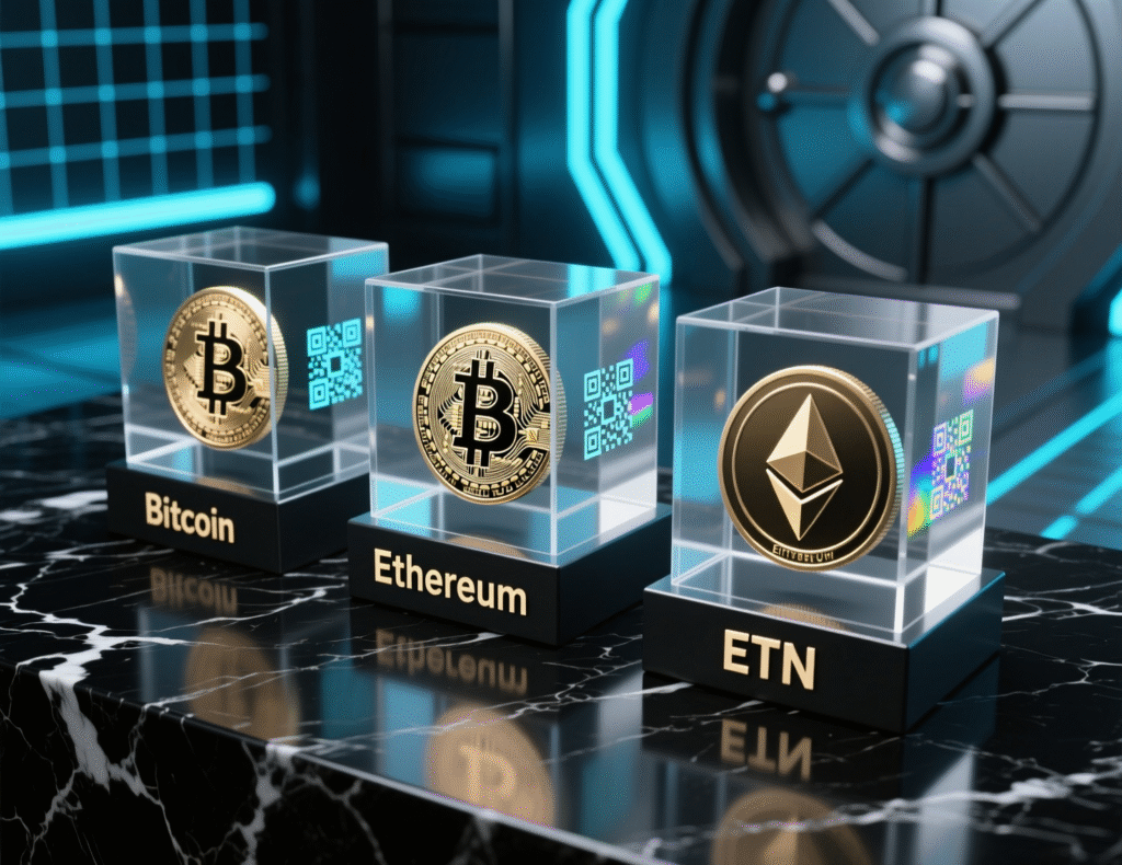 Illustration of physically backed bitcoin and ether ETNs held by custodians