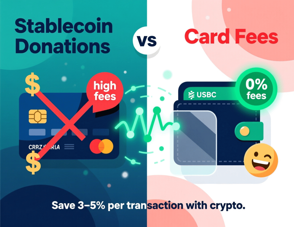 “Stablecoin donation rails vs card networks—fee and speed comparison.”
