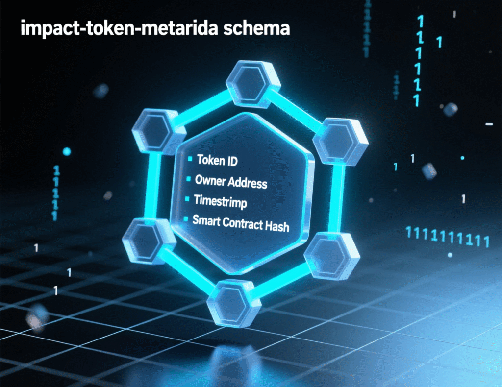 “Impact token metadata schema showing project, milestone, and verification fields.”