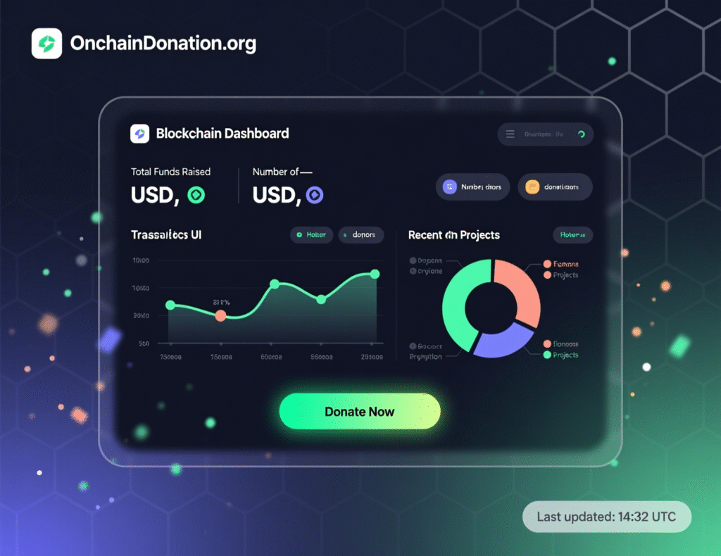 “Live on-chain donation dashboard with milestones and transaction hashes.”