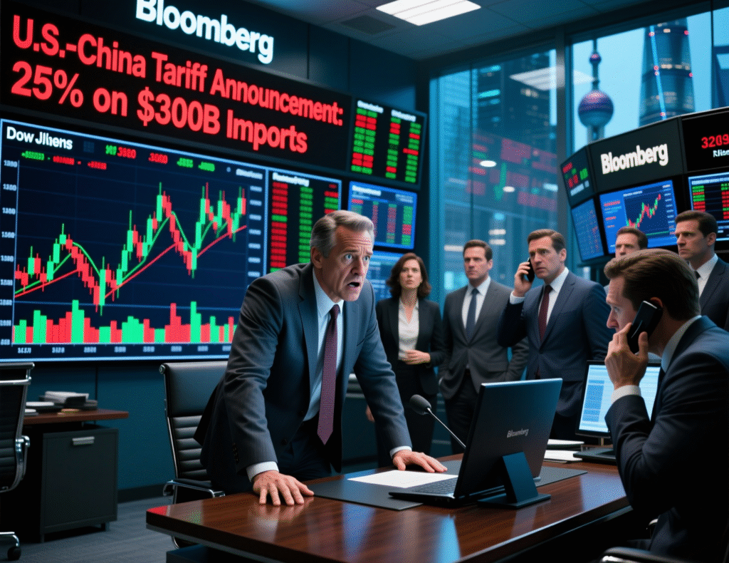 News graphic showing US–China tariff announcement and market drop