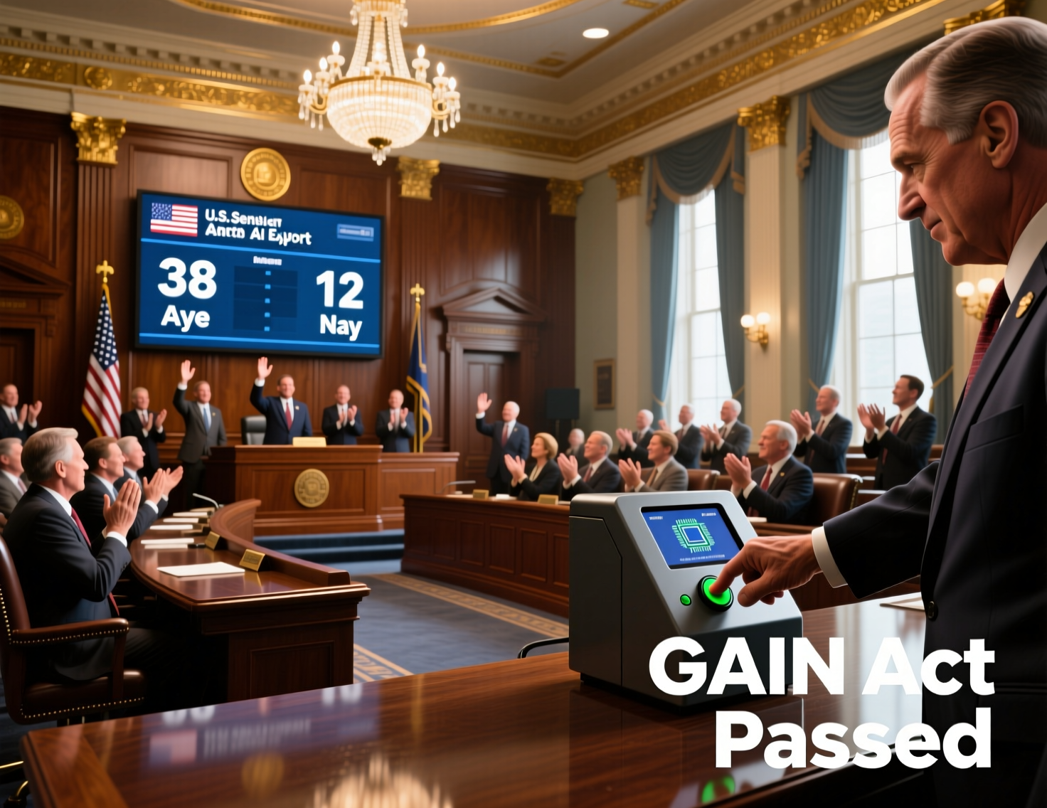 “US Senate passes GAIN Act” headline over Capitol exterior