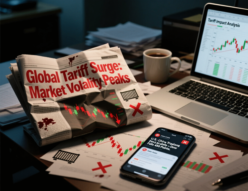 News headline montage illustrating tariff-driven market shock