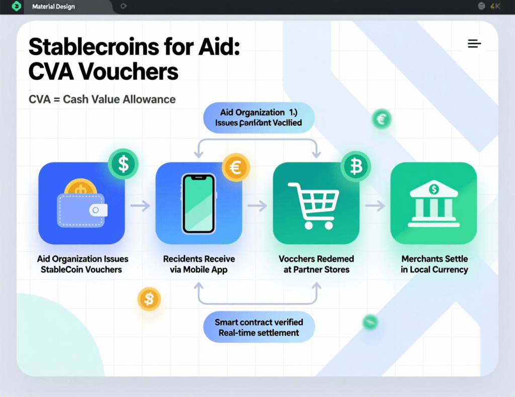 “Flow diagram of stablecoin funding into CVA e-vouchers and vendor wallets.”
