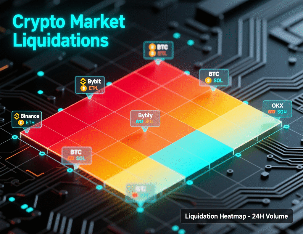 “Crypto liquidation heatmap showing ~$630M in positions closed”
